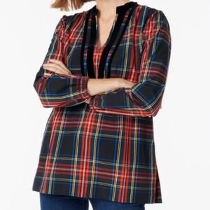 J Crew Velvet Trim Stewart Tartan Plaid Top Womens Small‎ Long Sleeve Holiday